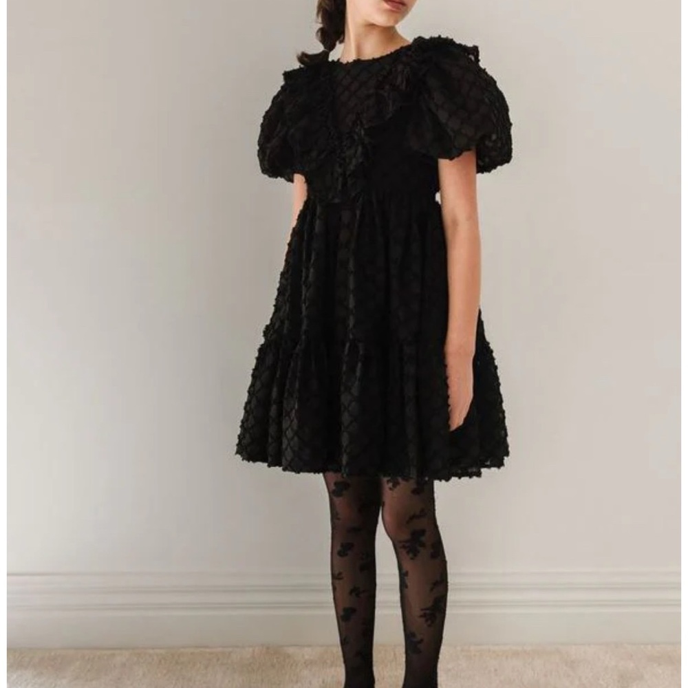 Petite Amalie Girls Vine Elegant Puff Sleeve Dress Black 10y